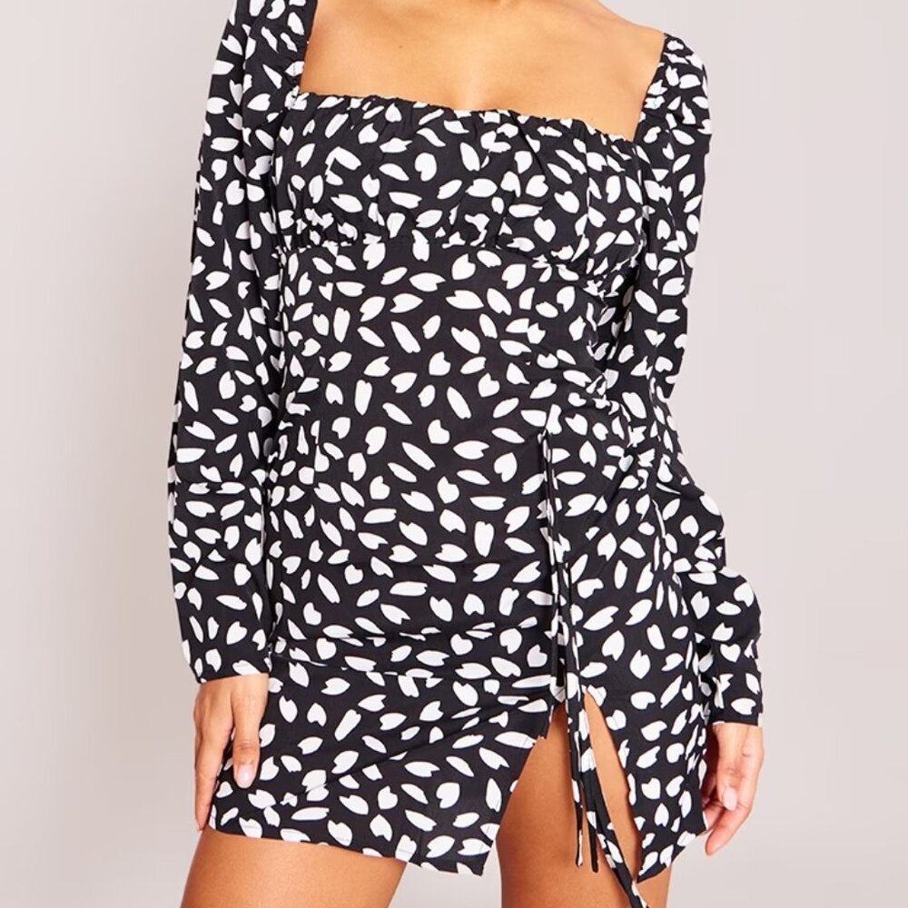 Black Dalmatian Print Bow Detail Side Split Bodycon Dress